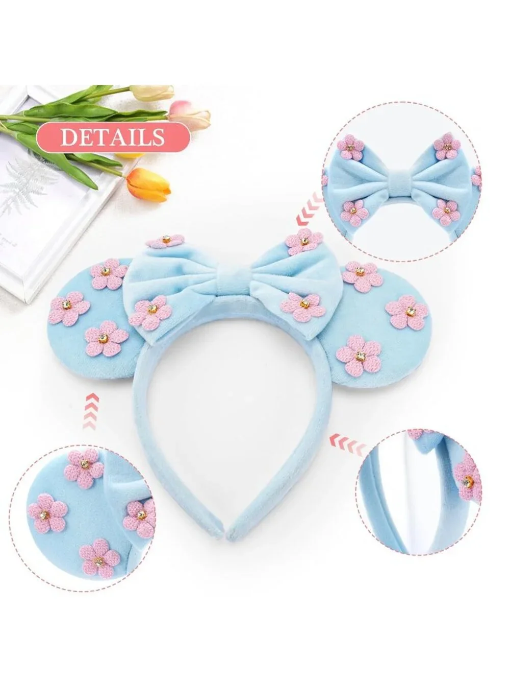 Women Blue Flower Seaman Sequin Bow Mickey Mouse Hair Headband for Cosplay